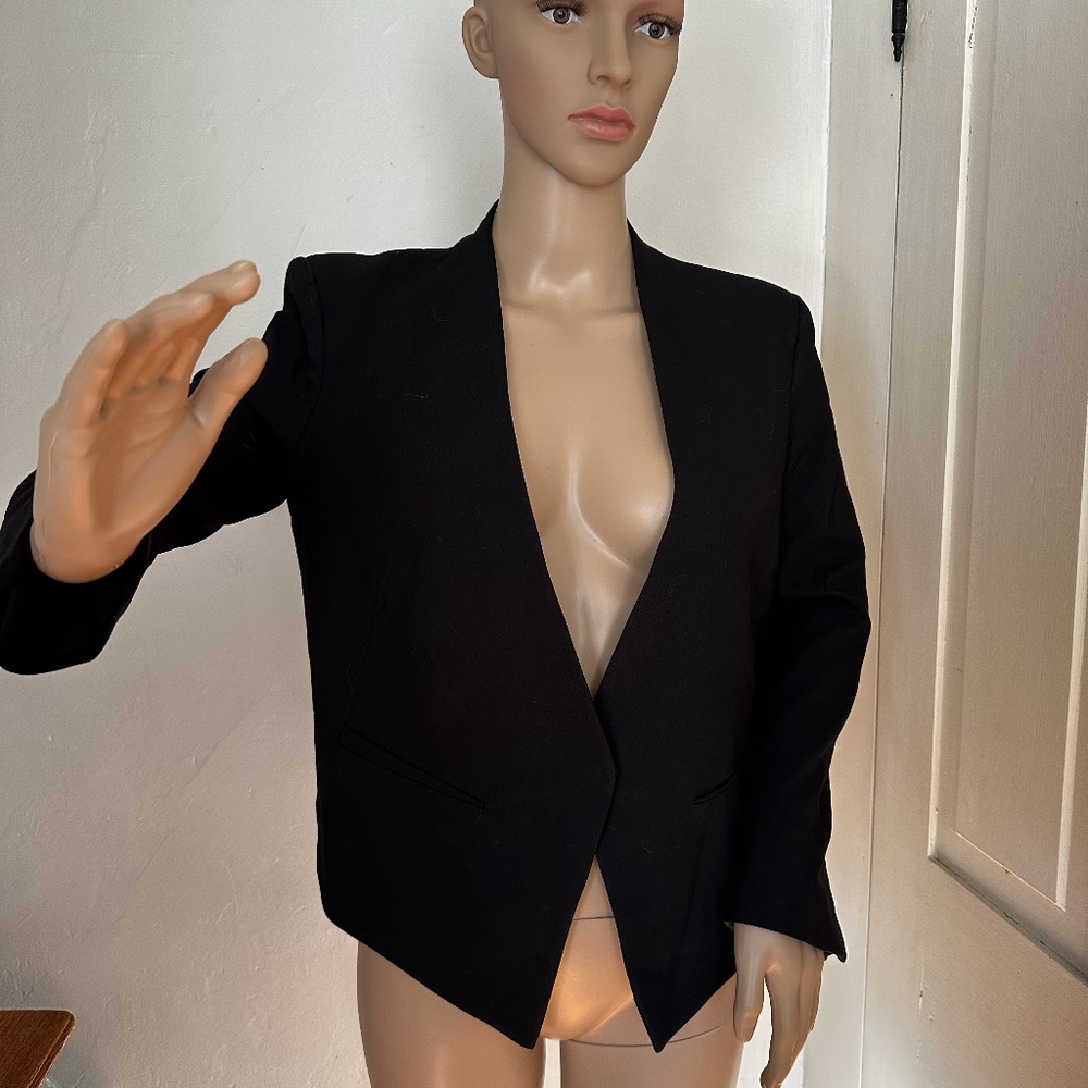 Helmut Lang Black Wool Cropped Blazer - Tuxedo Hi-Lo Hem SZ 4